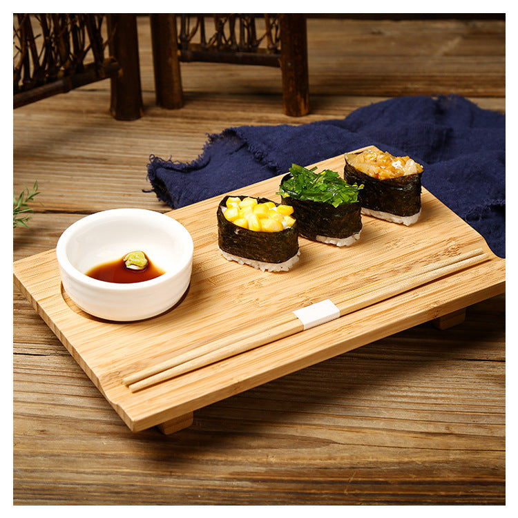 Natural Bamboo Sushi Serving Board with Ceramic Soy Sauce Dish