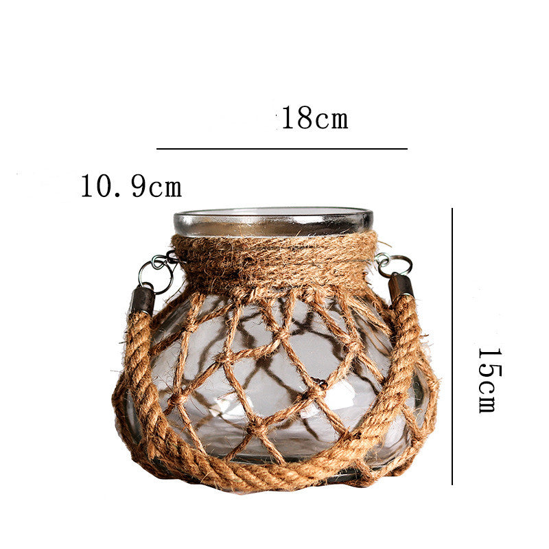 Handwoven Hemp Rope Glass Vase – Artisan Boho Decorative Flower Vase