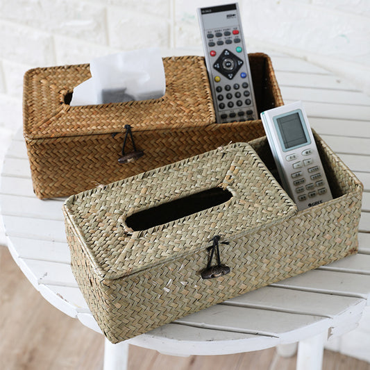 Handwoven Rattan Multifunctional Tissue Box & Desktop Organizer
