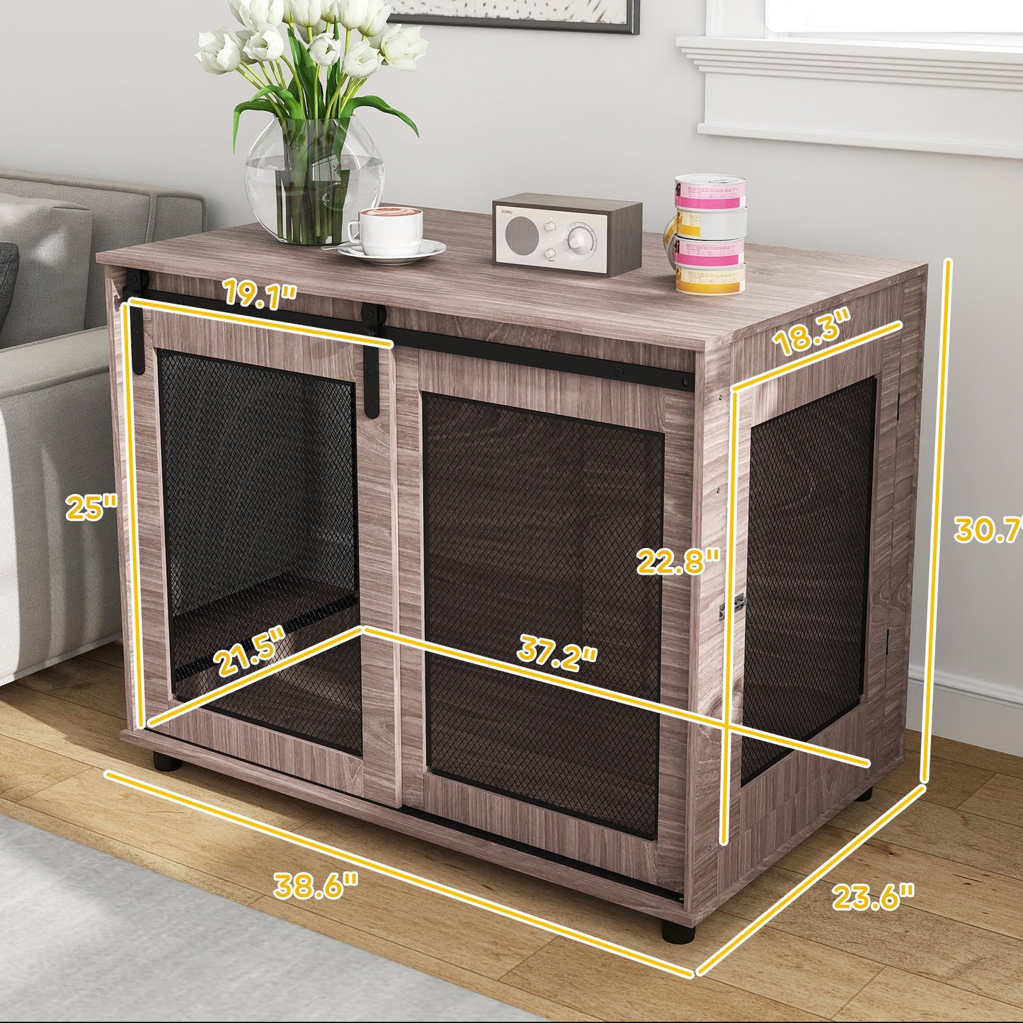 Rustic Barn Door Dog Crate End Table for Large Dogs