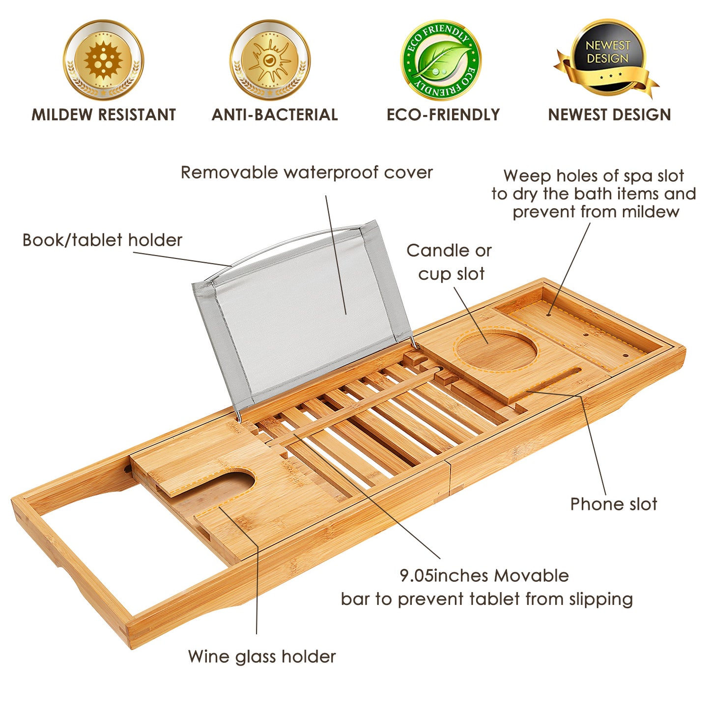 Spa Retreat Adjustable Bamboo Bathtub Caddy Tray