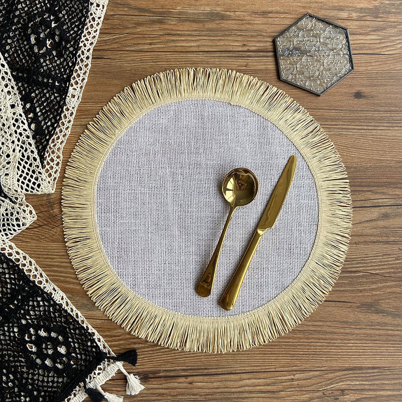 Boho Handwoven Jute Tassel Round Placemats – Natural Fringe Table Mat Set