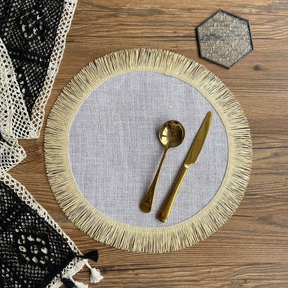 Boho Handwoven Jute Tassel Round Placemats – Natural Fringe Table Mat Set