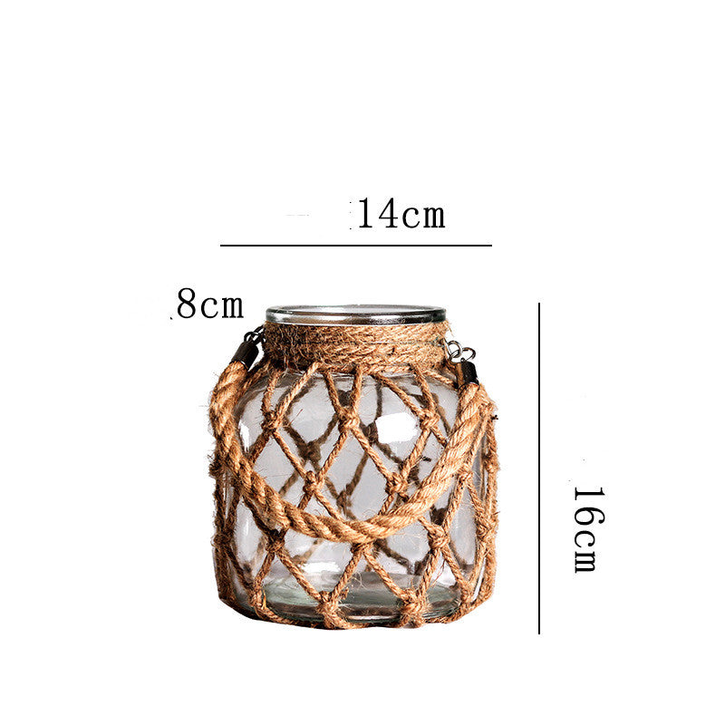 Handwoven Hemp Rope Glass Vase – Artisan Boho Decorative Flower Vase