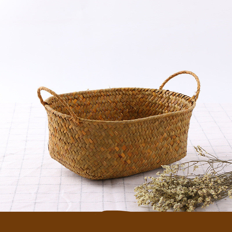 Artisan Seaweed & Rattan Handwoven Storage Basket – Natural Boho Organizer