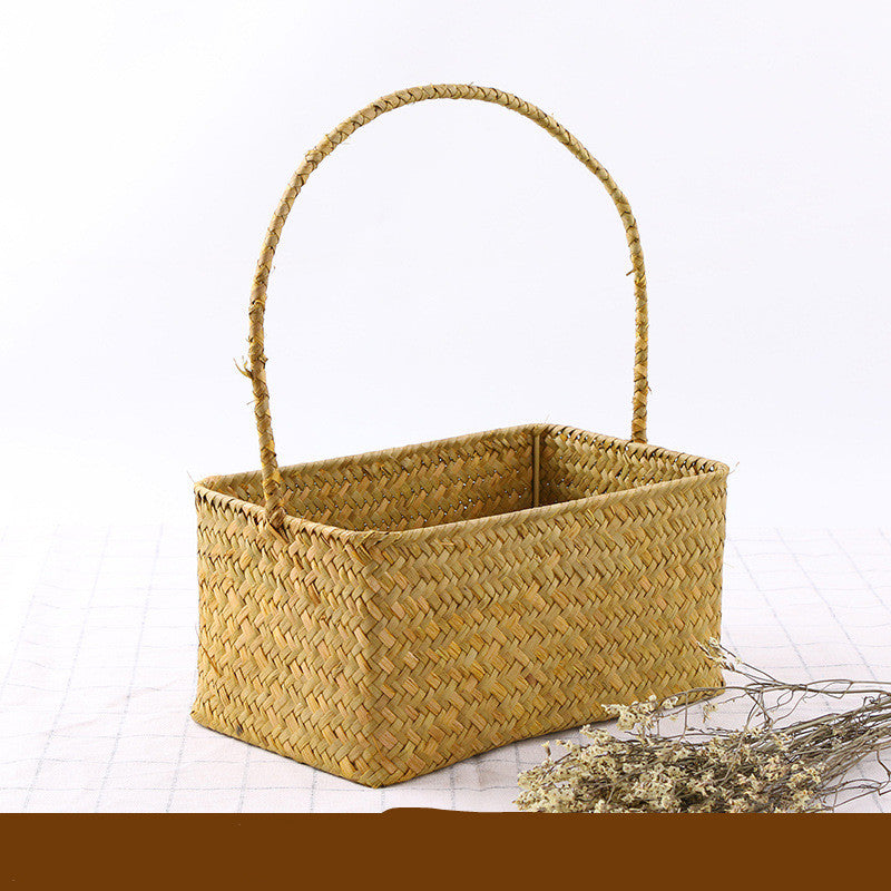 Artisan Seaweed & Rattan Handwoven Storage Basket – Natural Boho Organizer