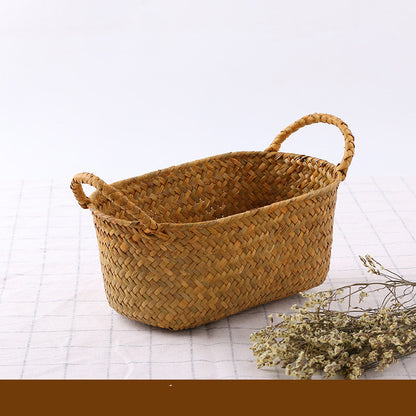 Artisan Seaweed & Rattan Handwoven Storage Basket – Natural Boho Organizer
