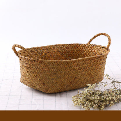 Artisan Seaweed & Rattan Handwoven Storage Basket – Natural Boho Organizer