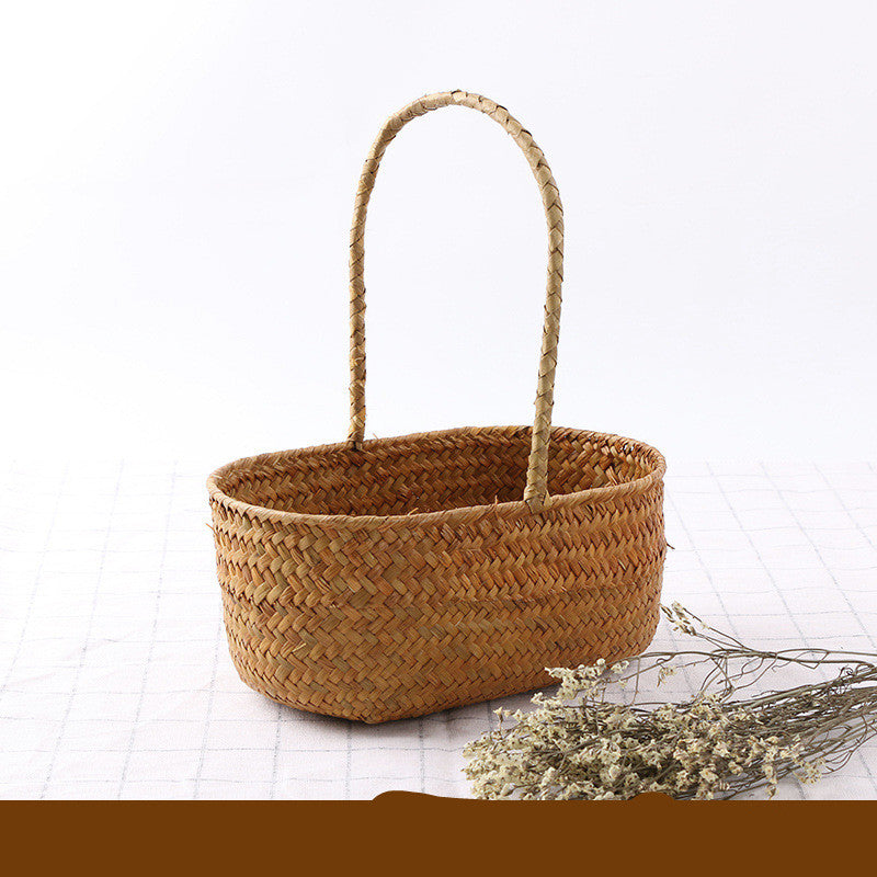 Artisan Seaweed & Rattan Handwoven Storage Basket – Natural Boho Organizer