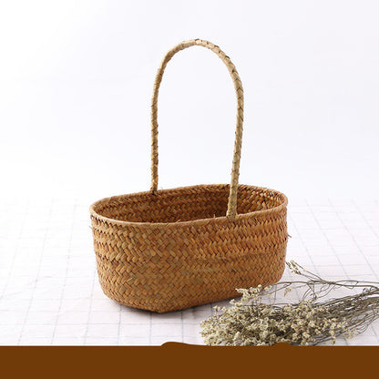 Artisan Seaweed & Rattan Handwoven Storage Basket – Natural Boho Organizer