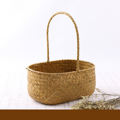 Artisan Seaweed & Rattan Handwoven Storage Basket – Natural Boho Organizer