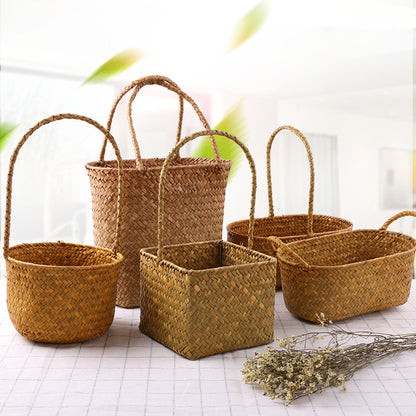 Artisan Seaweed & Rattan Handwoven Storage Basket – Natural Boho Organizer