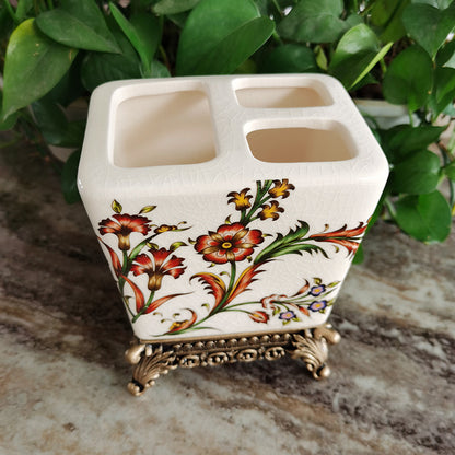 Floral Elegance Ceramic Toothbrush Holder – Minimalist Bathroom Vanity Organizer