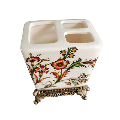 Floral Elegance Ceramic Toothbrush Holder – Minimalist Bathroom Vanity Organizer