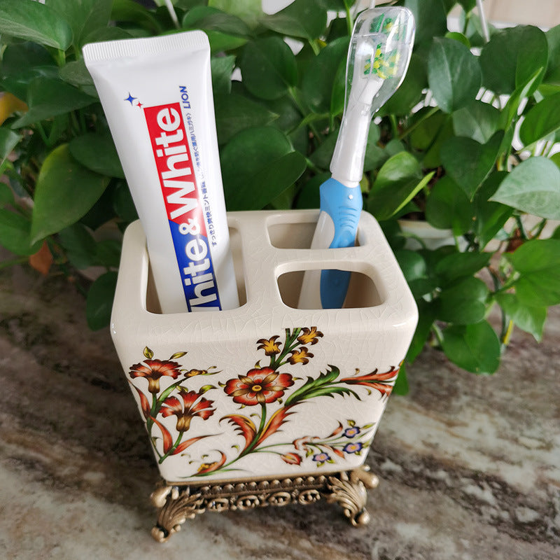 Floral Elegance Ceramic Toothbrush Holder – Minimalist Bathroom Vanity Organizer