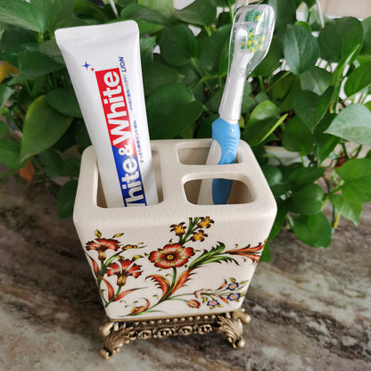 Floral Elegance Ceramic Toothbrush Holder – Minimalist Bathroom Vanity Organizer