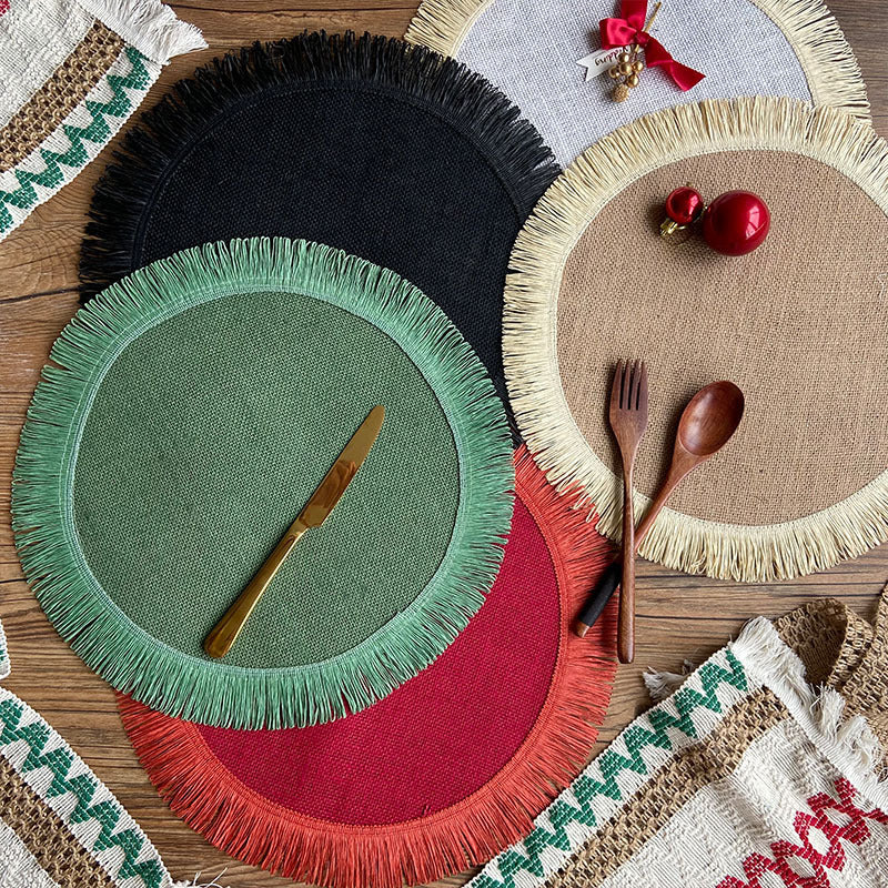 Boho Handwoven Jute Tassel Round Placemats – Natural Fringe Table Mat Set