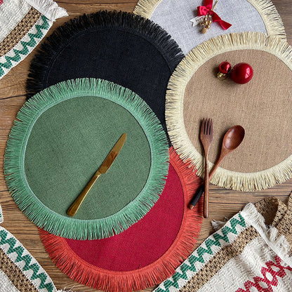 Boho Handwoven Jute Tassel Round Placemats – Natural Fringe Table Mat Set