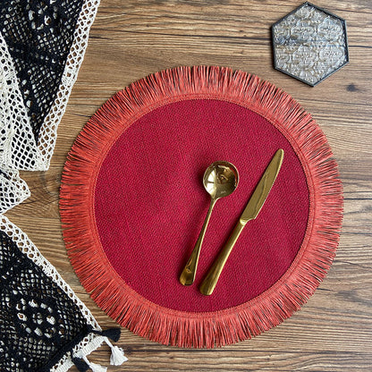 Boho Handwoven Jute Tassel Round Placemats – Natural Fringe Table Mat Set