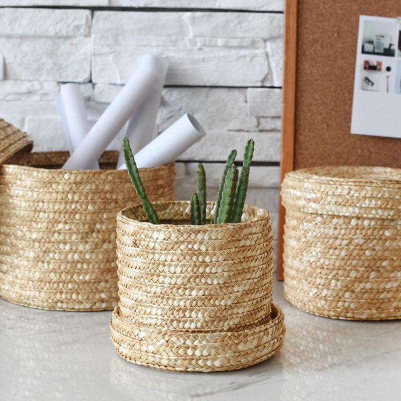 Wheat Straw Handwoven Storage Basket – Natural Eco-Friendly Shelf Organizer