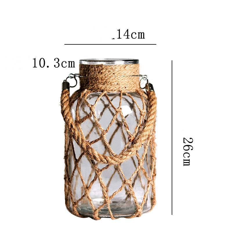 Handwoven Hemp Rope Glass Vase – Artisan Boho Decorative Flower Vase