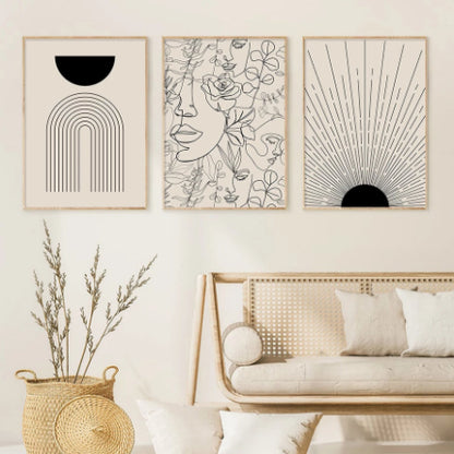 Boho Abstract Line Canvas Wall Art Print – Minimalist Face & Botanical Line Drawing