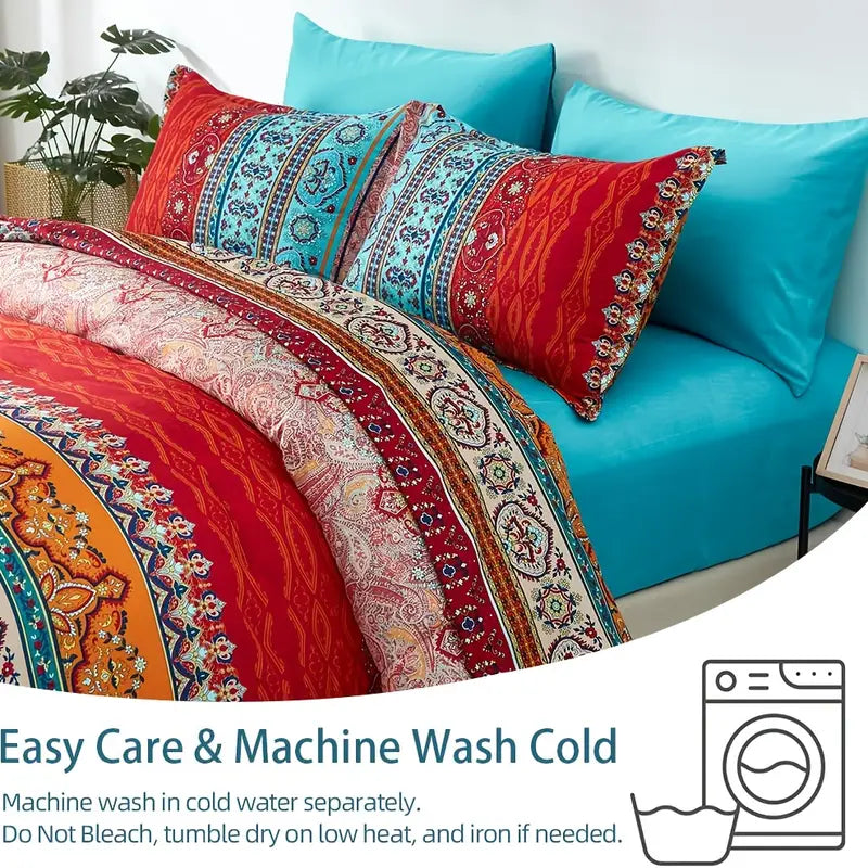 Artisan Crimson Bohemian Duvet Cover Set (Breathable Soft Bedding Set)
