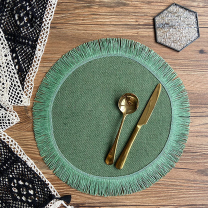 Boho Handwoven Jute Tassel Round Placemats – Natural Fringe Table Mat Set