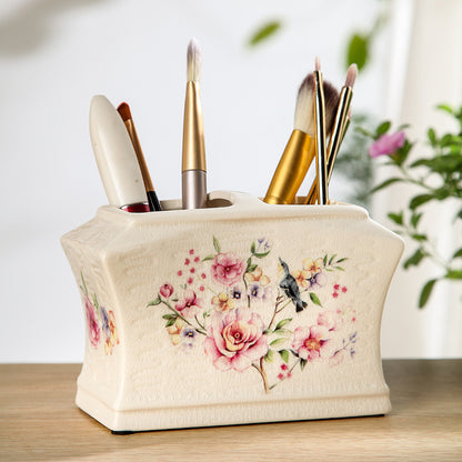 Floral Ceramic Toothbrush Holder – Minimalist Bathroom Organizer & Vanity Storage