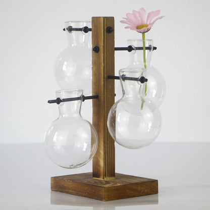 Wooden Frame Glass Propagation Vase – 4 Globe Tabletop Planter