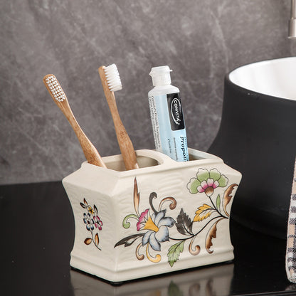 Floral Ceramic Toothbrush Holder – Minimalist Bathroom Organizer & Vanity Storage