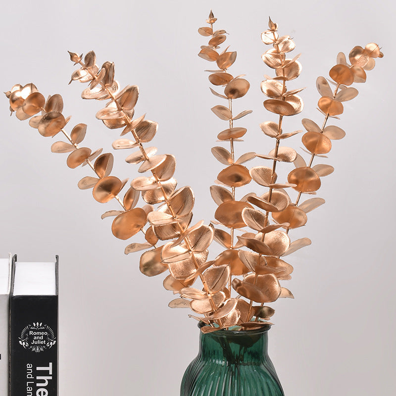 5pcs Metallic Gold Faux Eucalyptus Stems – Luxury Decorative Botanical Picks