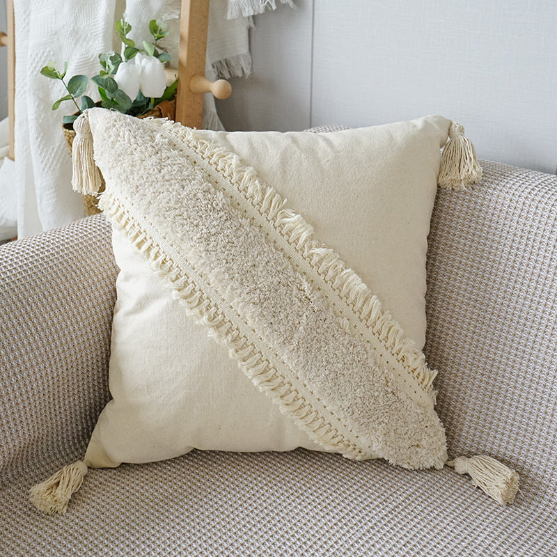 Artisan Tufted Boho Canvas Pillow Cover with Tassels