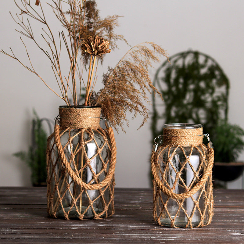 Handwoven Hemp Rope Glass Vase – Artisan Boho Decorative Flower Vase