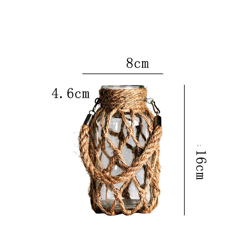 Handwoven Hemp Rope Glass Vase – Artisan Boho Decorative Flower Vase