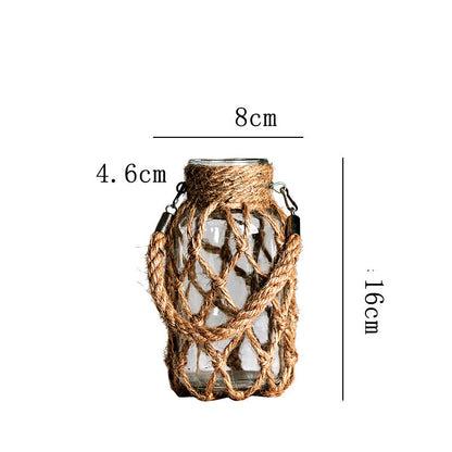 Handwoven Hemp Rope Glass Vase – Artisan Boho Decorative Flower Vase