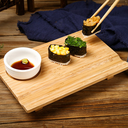 Natural Bamboo Sushi Serving Board with Ceramic Soy Sauce Dish