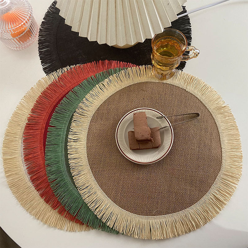Boho Handwoven Jute Tassel Round Placemats – Natural Fringe Table Mat Set