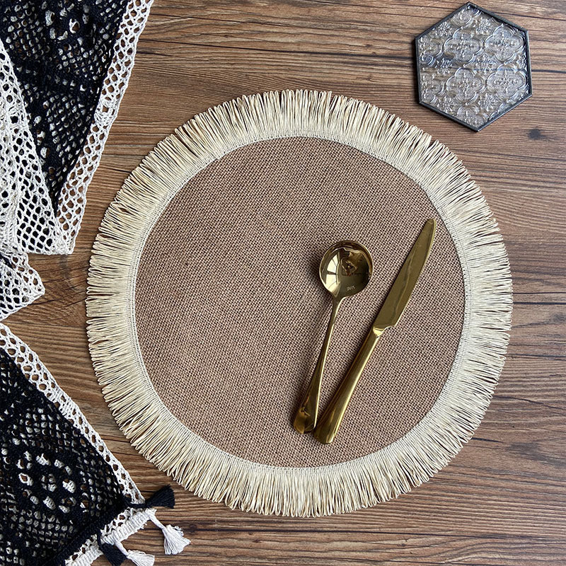 Boho Handwoven Jute Tassel Round Placemats – Natural Fringe Table Mat Set