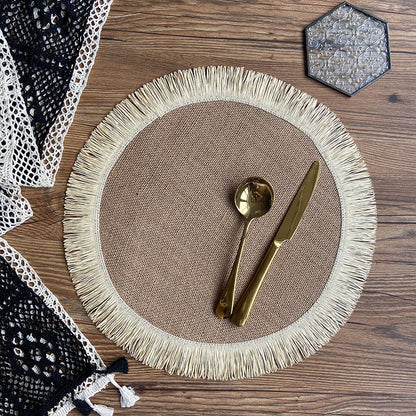 Boho Handwoven Jute Tassel Round Placemats – Natural Fringe Table Mat Set