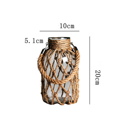 Handwoven Hemp Rope Glass Vase – Artisan Boho Decorative Flower Vase