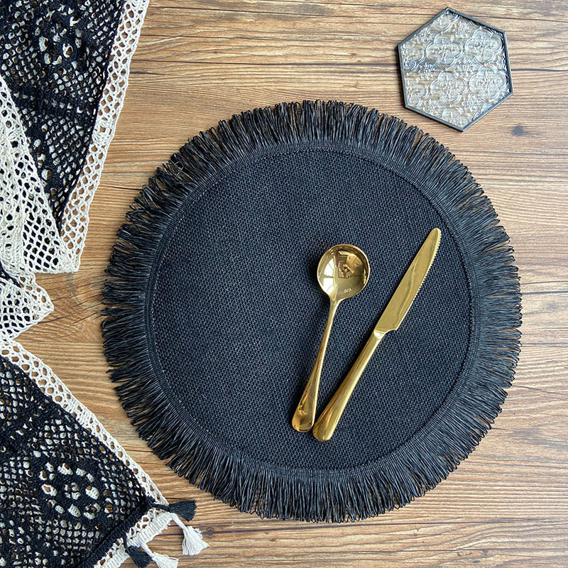 Boho Handwoven Jute Tassel Round Placemats – Natural Fringe Table Mat Set