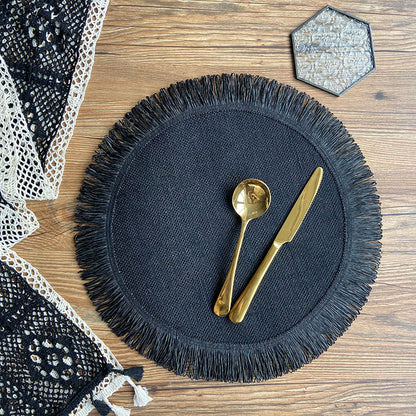 Boho Handwoven Jute Tassel Round Placemats – Natural Fringe Table Mat Set