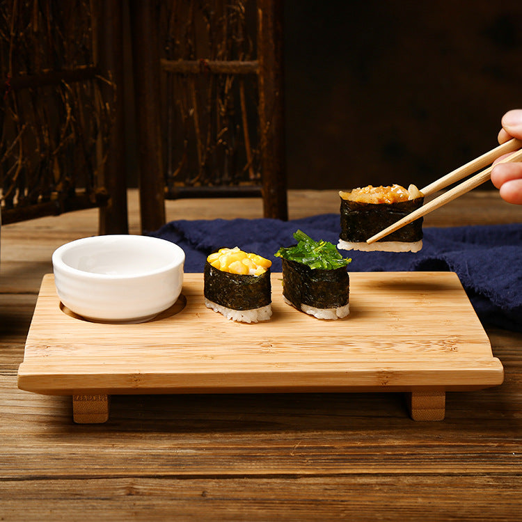 Natural Bamboo Sushi Serving Board with Ceramic Soy Sauce Dish
