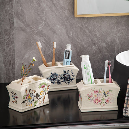 Floral Ceramic Toothbrush Holder – Minimalist Bathroom Organizer & Vanity Storage