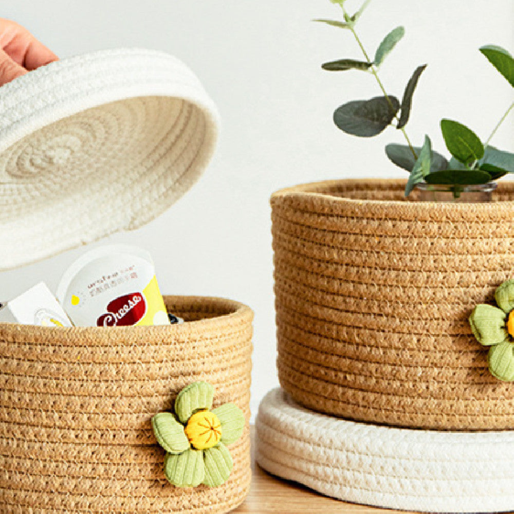 Cotton Rope Desktop Storage Basket with Lid – Woven Organizer with Dust-Proof Cover