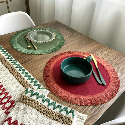Boho Handwoven Jute Tassel Round Placemats – Natural Fringe Table Mat Set