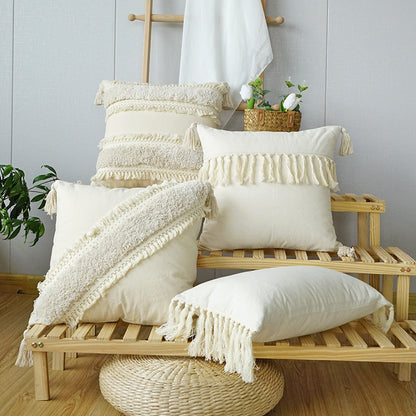 Artisan Tufted Boho Canvas Pillow Cover with Tassels