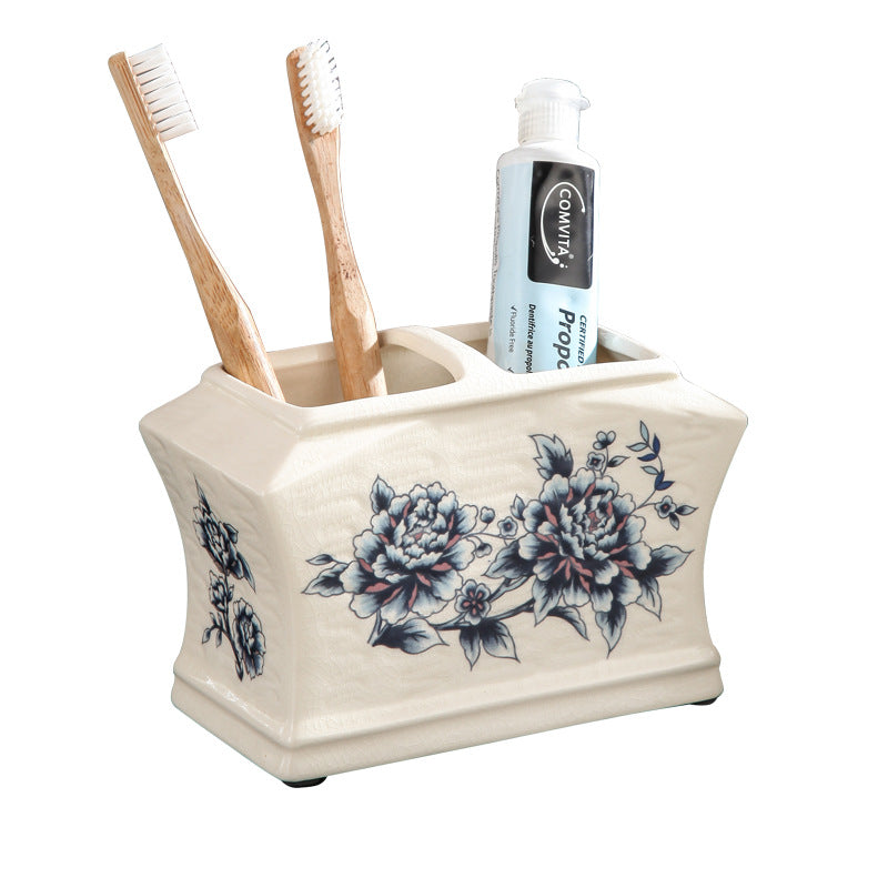 Floral Ceramic Toothbrush Holder – Minimalist Bathroom Organizer & Vanity Storage