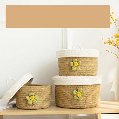 Cotton Rope Desktop Storage Basket with Lid – Woven Organizer with Dust-Proof Cover
